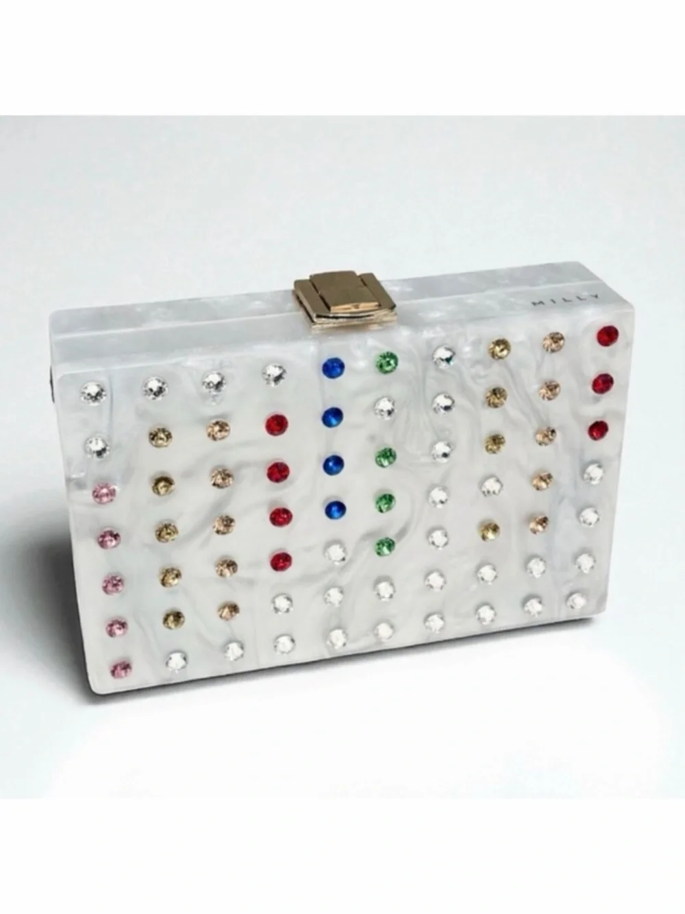 Milly Box Acrylic Clutch Swarovski Crystal Rainbow Stripe Removable Chain